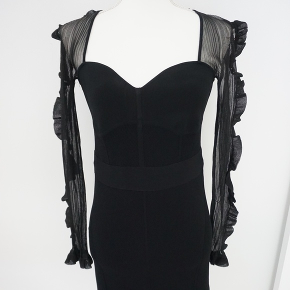 Herve Leger Black Ruffle Sheer Sleeve Corset Midi Dress Evening Cocktail Holiday - Picture 1 of 16
